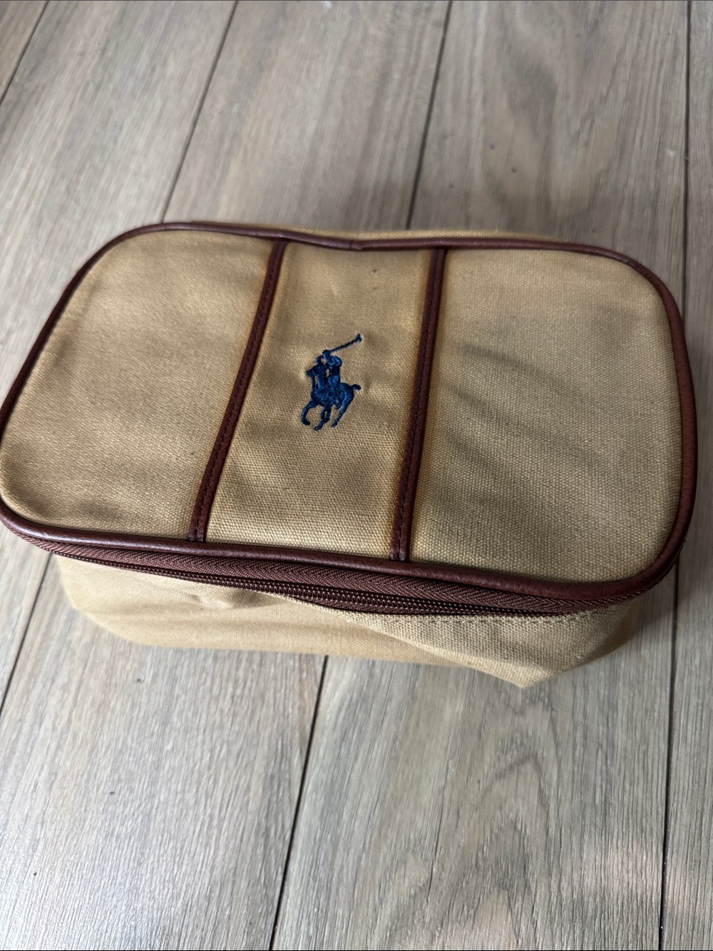 Ralph Lauren Beige Canvas Toiletry Bag with Brown Trim and Navy Polo Logo